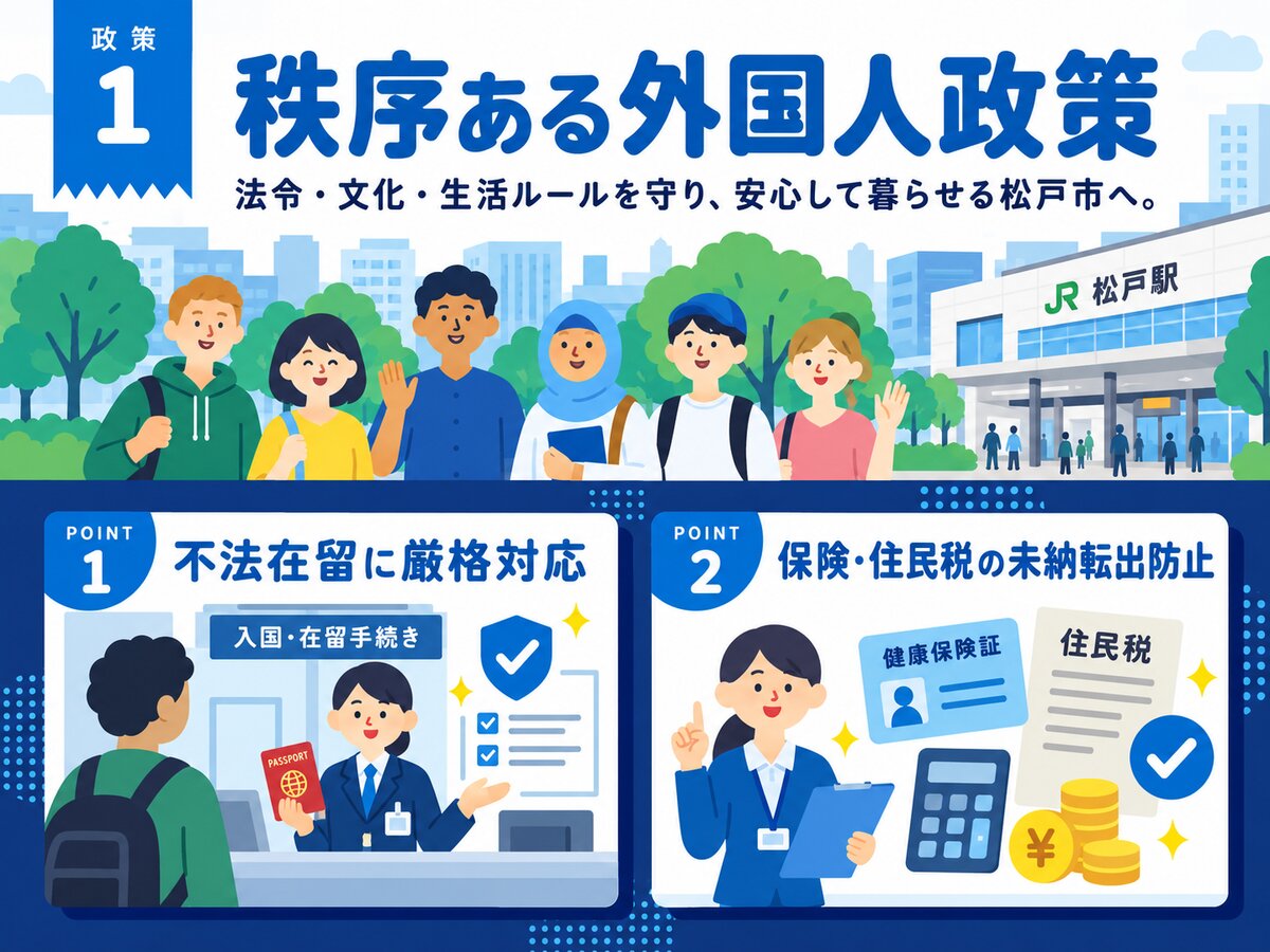 広瀬ゆうとの政策1「秩序ある外国人政策」。日本の法令・文化・生活様式を守り、安心して暮らせる松戸市をつくります。主な施策は、不法在留への厳格な対応、国民健康保険・住民税などの未納転出防止。