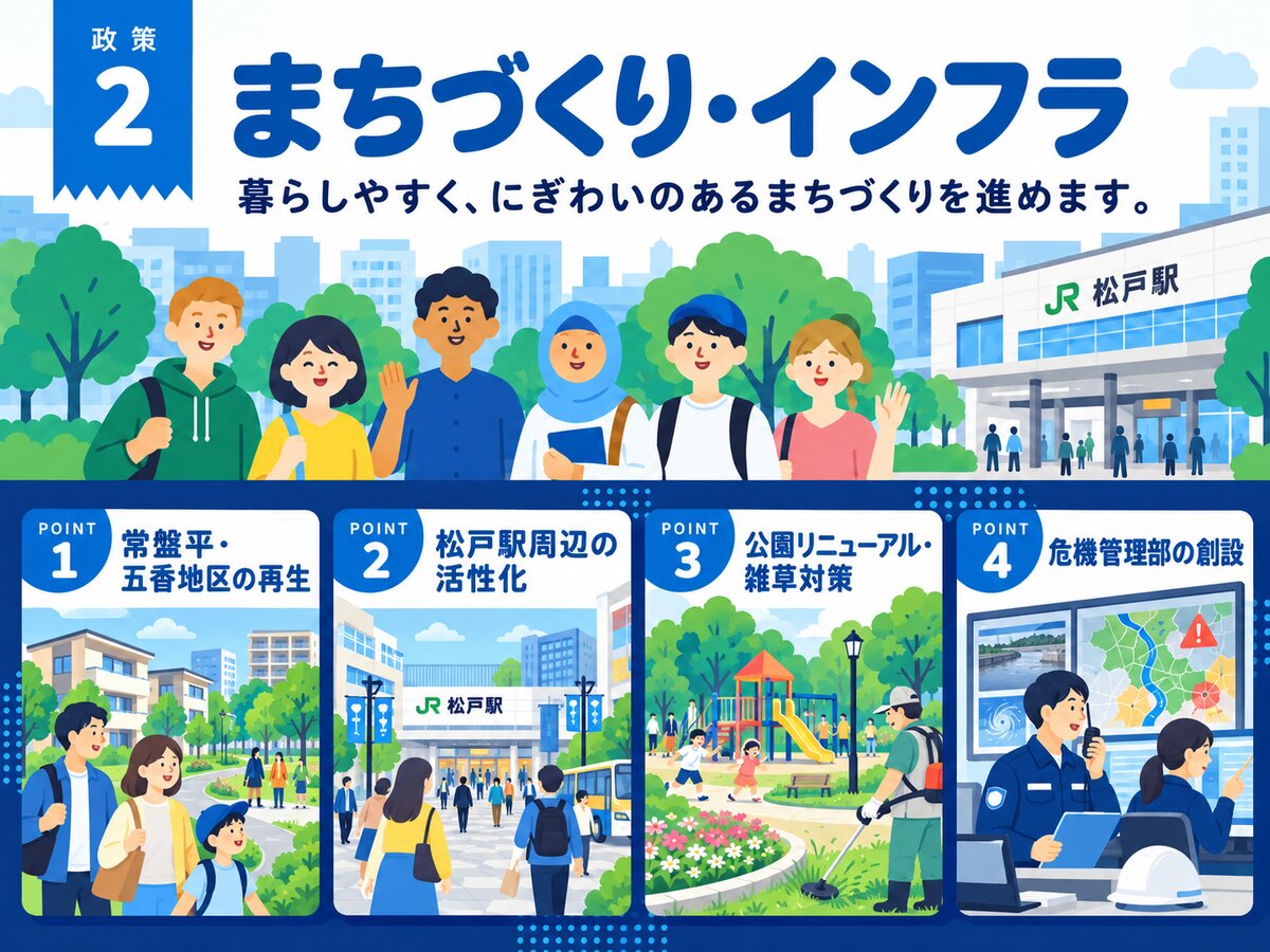 広瀬ゆうとの政策2「まちづくり・インフラ」。暮らしやすく、にぎわいのあるまちづくりを進めます。主な施策は、常盤平・五香地区の再生、松戸駅周辺の活性化、市内公園のリニューアルと雑草対策、危機管理部の創設（部長級職員の配置）。