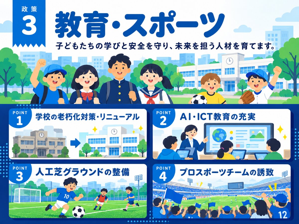 広瀬ゆうとの政策3「教育・スポーツ」。子どもたちの学びと安全を守り、未来を担う人材を育てます。主な施策は、小・中学校の老朽化対策・リニューアル、市立松戸高校の人工芝化、AI・ICT教育の充実、人工芝グラウンドの整備、プロスポーツチームの誘致。