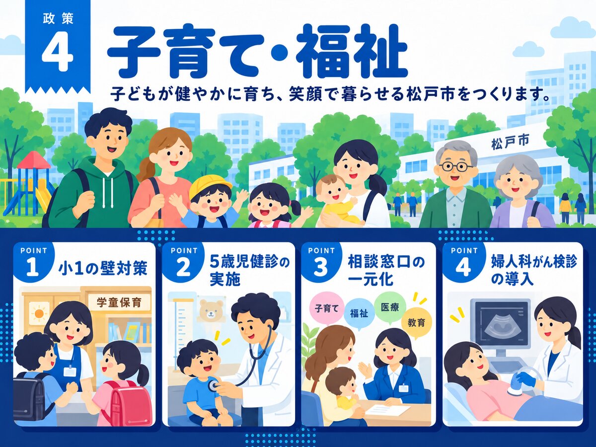 広瀬ゆうとの政策4「子育て・福祉」。一児の父として、子育て世代の目線から、子どもが健やかに育ち、笑顔で暮らせる松戸市をつくります。主な施策は、「小1の壁」対策、5歳児健診の実施、相談窓口の一元化、エコー検査を活用した婦人科がん検診の導入。